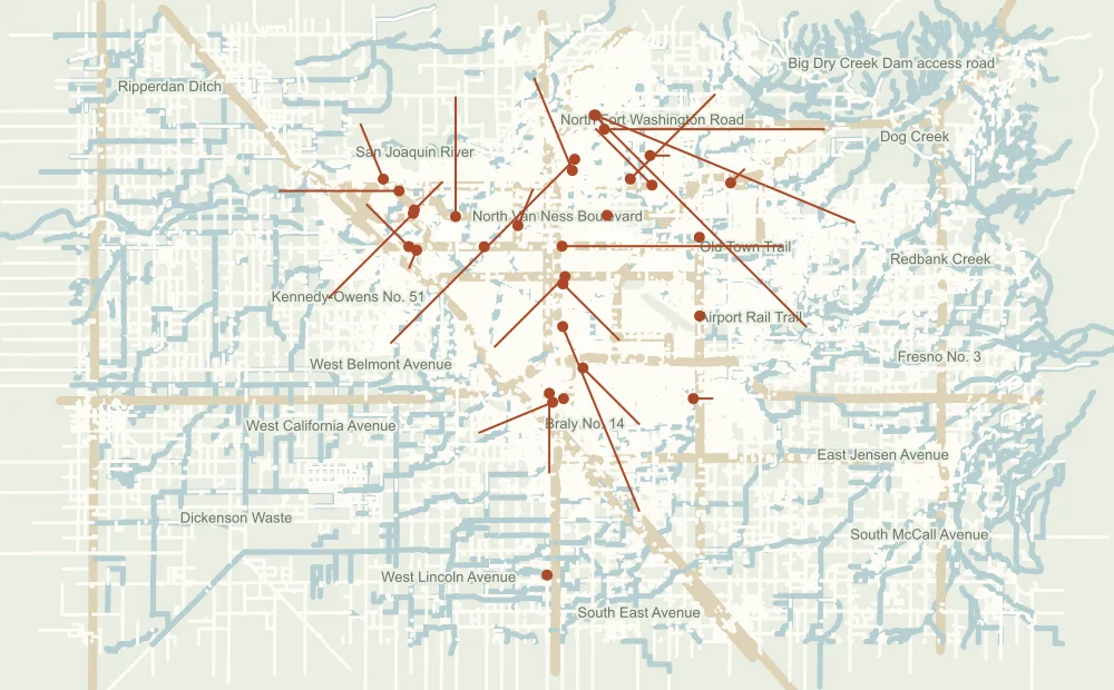 Fresno and Clovis street map with numbered fingerprinting locations